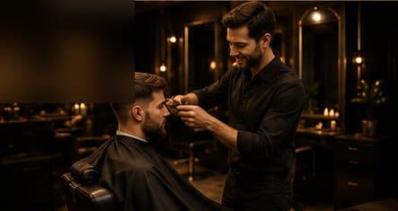 Barber schneidet einem Kunden im stilvoll eingerichteten Barbershop die Haare