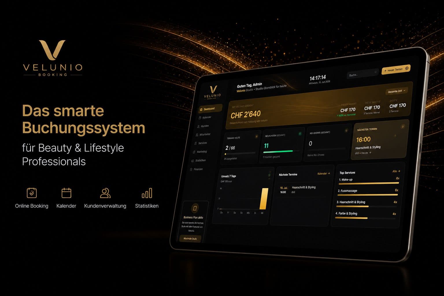 Velunio Booking Markenbanner: das smarte Buchungssystem für Beauty- und Lifestyle-Professionals, dargestellt auf einem Tablet