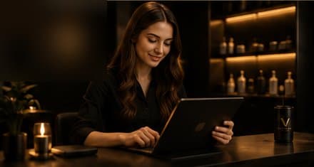 Salon-Inhaberin plant Termine am Tablet an der Rezeption ihres Coiffeursalons